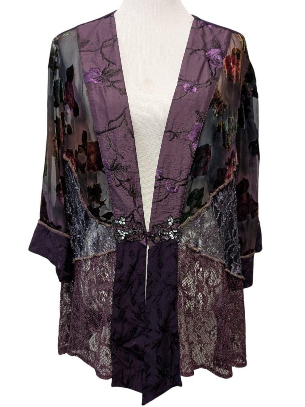 Spencer Alexis Vintage Sz 3X Purple Sheer Floral Lace Panels Sequins Kimono Top